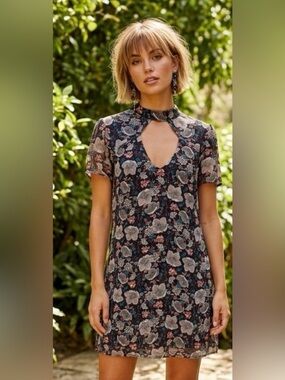 Trixxi Black Floral Keyhole Mini Dress with Pink Accents